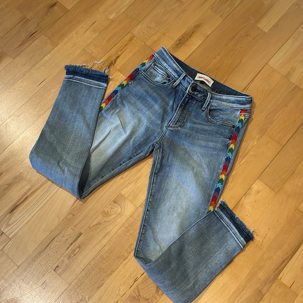 DRIFTWOOD Jeans women size 25 denim Embroidered Rainbow Stitching